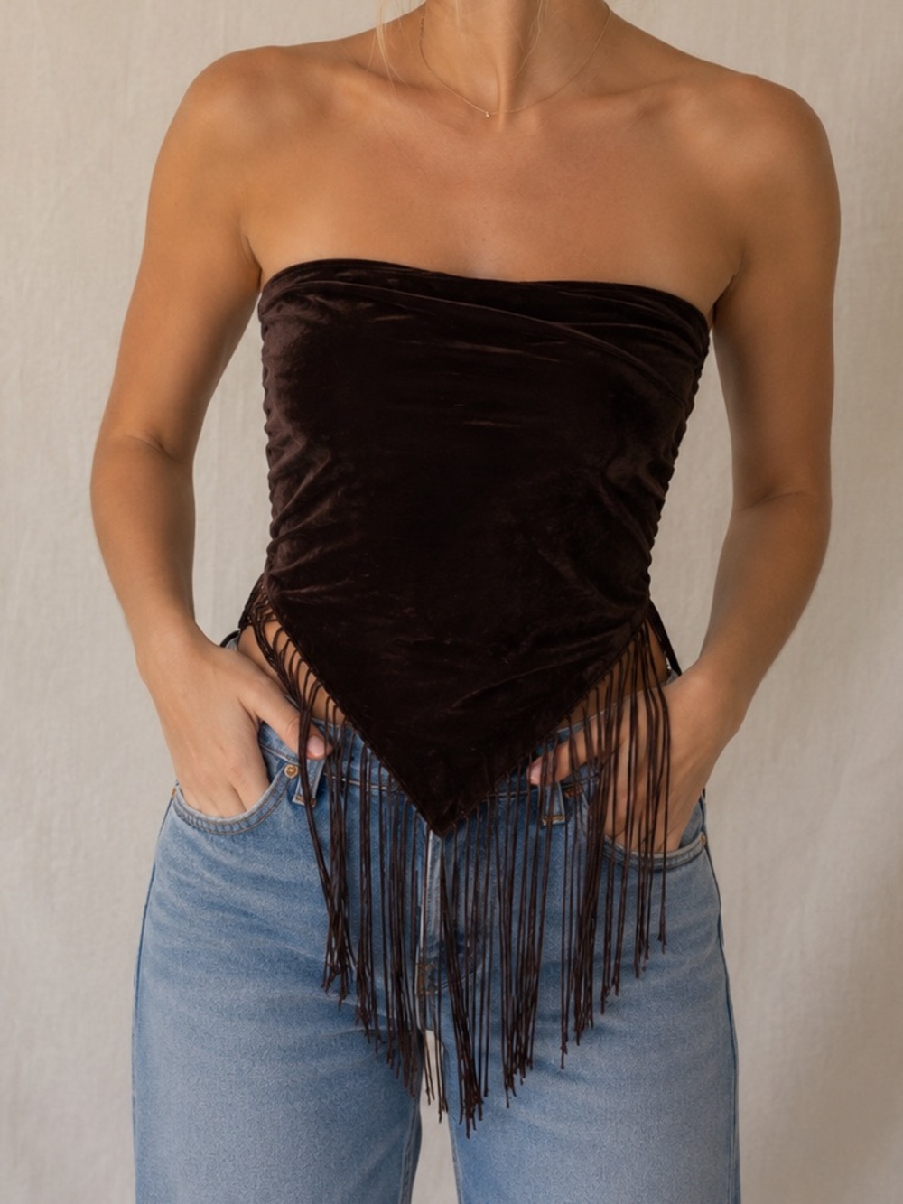 Vintage Crushed Velvet Fringe Shawl Scarf Boho Wrap Cover Up Brown Made in India